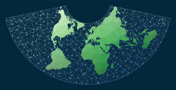 Internet en globale verbindingen kaart Conic Equal Area projectie Groene lage poly wereldkaart met — Stockvector