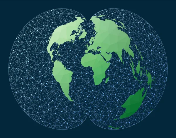 Mappa di rete del mondo Proiezione policonica Mappa verde del mondo a basso poli con sfondo di rete — Vettoriale Stock