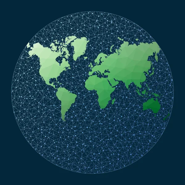 Communicatiekaart van de wereld Van Der Grinten projectie Groene laag poly wereldkaart met netwerk — Stockvector