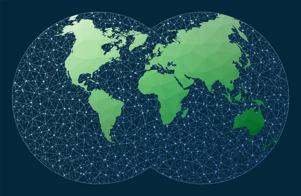 Wereldkaart verbinding Van Der Grinten 4 projectie Groene laag poly wereldkaart met netwerk — Stockvector