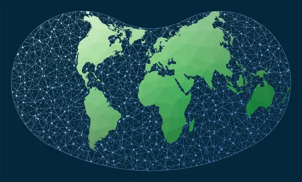 Internet y conexiones globales mapa Proyección de colinas Green low poly world map with network — Archivo Imágenes Vectoriales