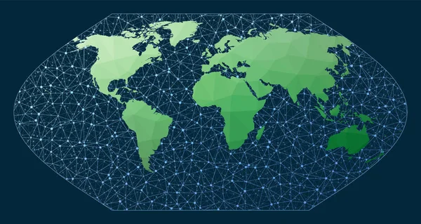 Abstract kaart van wereldnetwerk Eckert 5 projectie Groene laag poly wereldkaart met netwerk — Stockvector