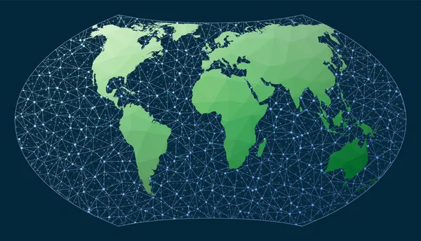 Globális hálózati koncepció Wagner 7 projekció Zöld alacsony poli világtérkép hálózati háttérrel — Stock Vector