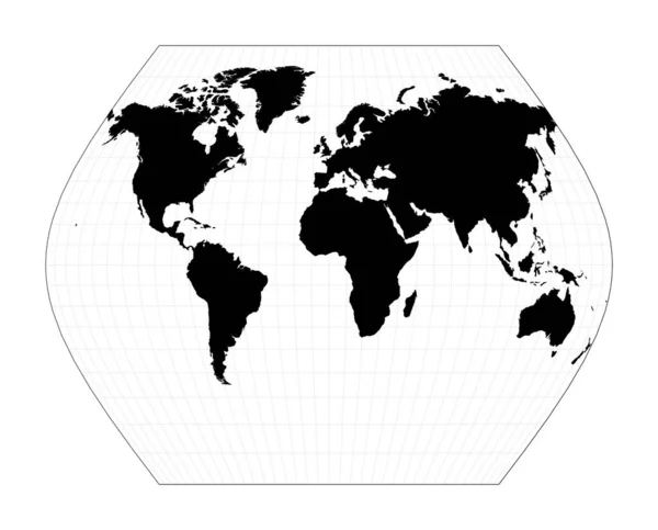 Mappa del mondo con linee graticule Proiezione di Ginzburg VIII Pianta mappa geografica mondiale con graticlue — Vettoriale Stock