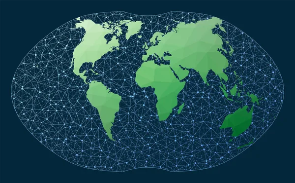 Carte des communications du monde Ginzburg 4 projection Carte du monde verte low poly avec réseau — Image vectorielle