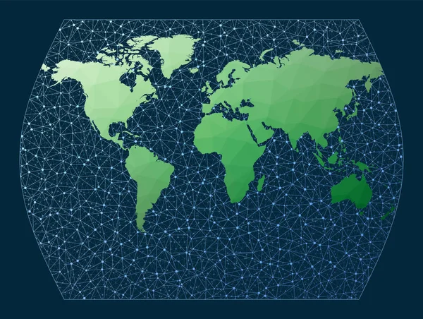 Netwerkkaart van de wereld Times projectie Groene lage poly wereldkaart met netwerkachtergrond Netjes — Stockvector