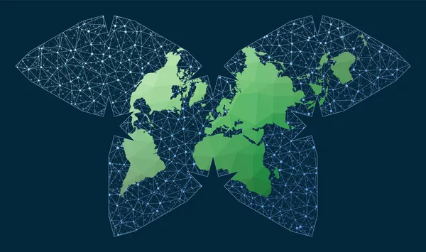 Internet en globale verbindingen kaart Polyhedral Waterman projectie Groene lage poly wereldkaart met — Stockvector