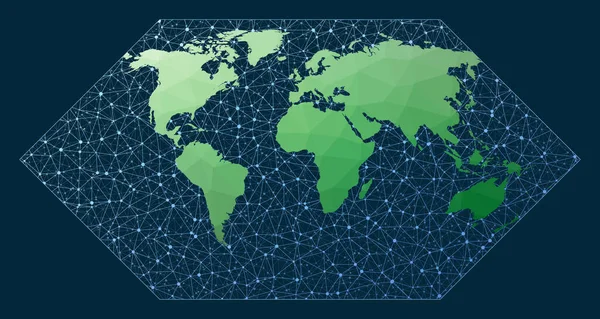 Global Network Eckert 1 projection Green low poly world map with network background Superb — 图库矢量图片