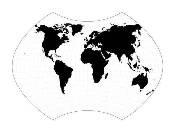 Mapa do mundo com meridianos Ginzburg IX projecção Plano mapa geográfico do mundo com linhas gratuitas —  Vetores de Stock