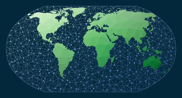 Mapa do mundo de telecomunicações abstrato Robinson projecção Verde baixo poli mapa do mundo com rede — Vetor de Stock
