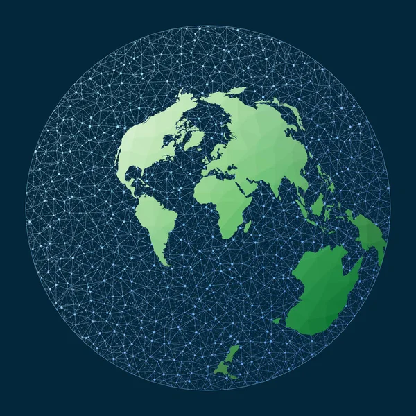 Глобальная концепция интернет-бизнеса Airy проекции Зеленый низкий поли карта мира с сетевым фоном — стоковый вектор