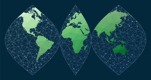 Mapa abstracto de la red mundial Proyección sinusoidal interrumpida Mapa del mundo verde de poli baja con — Vector de stock