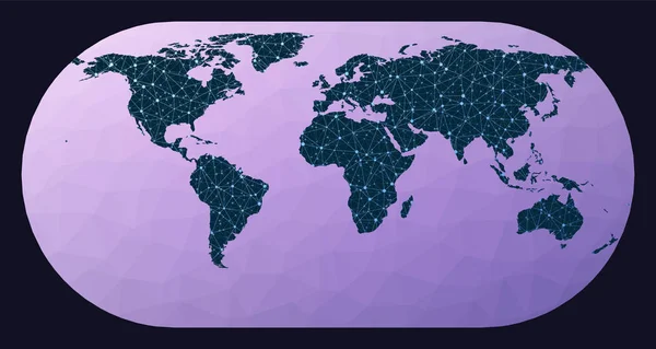 Världskarta med noder Eckert Iii projektion Världskarta över nätverk Wired globe in Eckert 3 projection — Stock vektor
