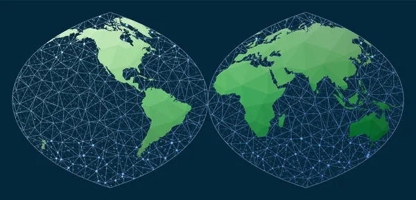 Network Map World Interrupted Quartic Authalic Projection Green Low Poly — Stock vektor