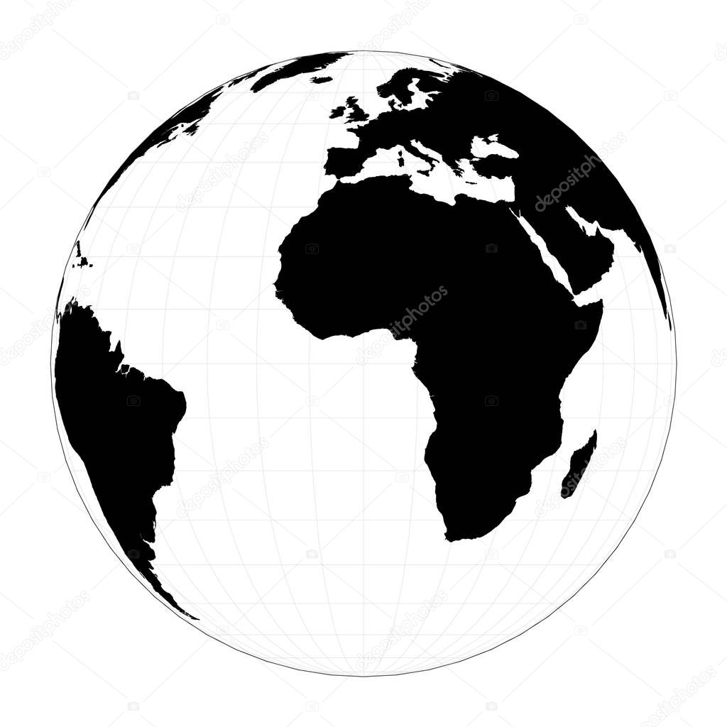 World shape. Orthographic projection. Plan world geographical map with graticlue lines. Vector illustration.