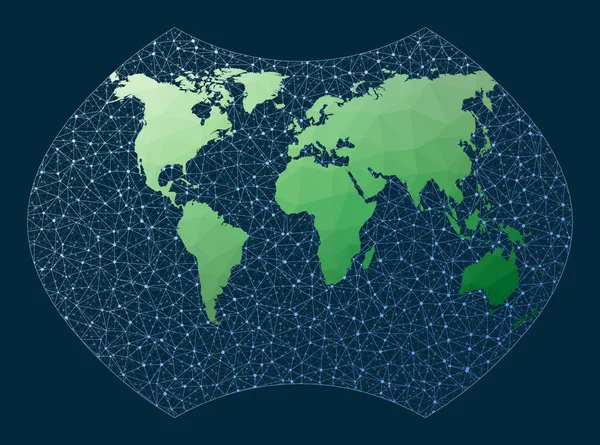 Abstraktní telekomunikační mapa světa Projekce Ginzburg 9 Zelená nízkopoly mapa světa se sítí — Stockový vektor
