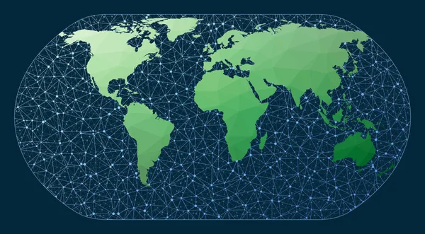 World map connection Natural Earth 1 projection Green low poly world map with network background — 图库矢量图片