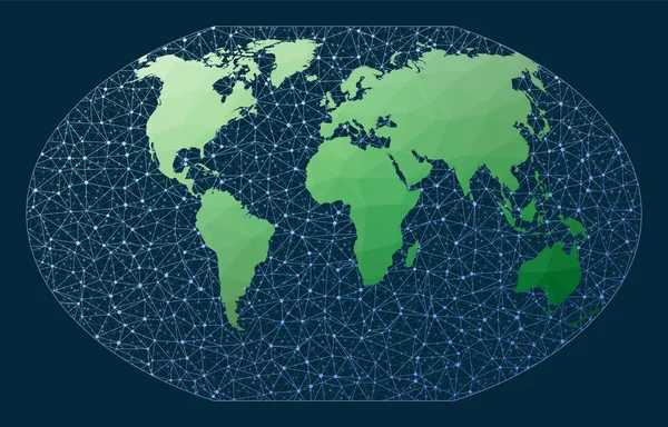 グローバルネットワークウィンケル3投影ネットワーク背景を持つ緑の低ポリ世界地図魅力 — ストックベクタ