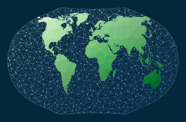 Abstracte kaart van het wereldnetwerk Ginzburg 5 projectie Groene laag poly wereldkaart met netwerk — Stockvector