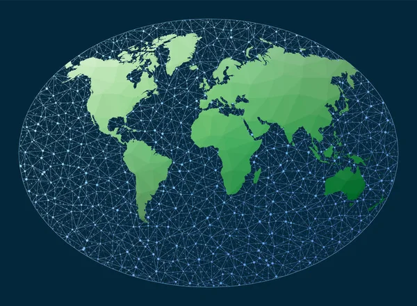 Concept de réseau mondial Projection Fahey Carte du monde verte low poly avec fond réseau — Image vectorielle