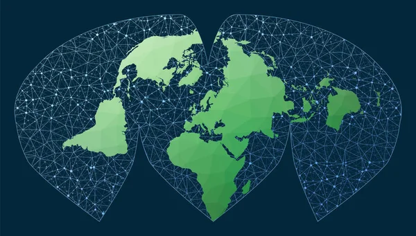 Mapa de comunicaciones del mundo Proyección interrumpida Sinu Mollweide Green low poly world map — Vector de stock