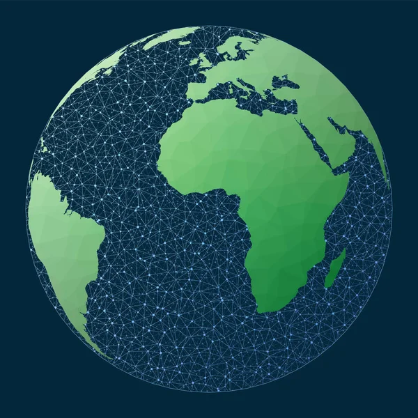 Illustration of global network Orthographic projection Green low poly world map with network — Stok Vektör