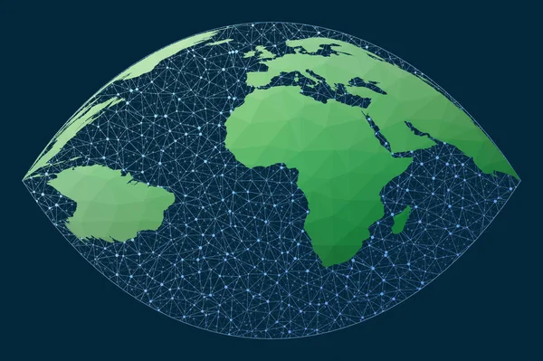 Abstract telecommunicatie wereldkaart Craig projectie Groen laag poly wereldkaart met netwerk — Stockvector