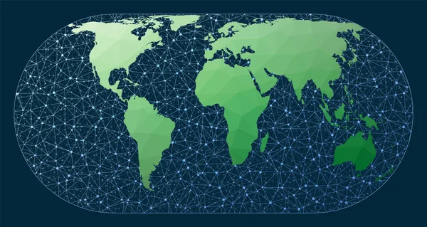 Abstract telecommunicatie wereldkaart Hufnagel projectie Groen laag poly wereldkaart met netwerk — Stockvector