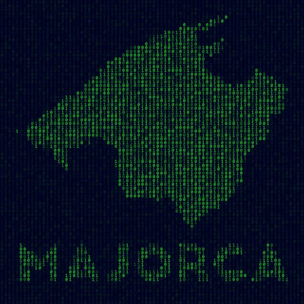 Digital Majorca logo Ostrov symbol v hackerském stylu Binární kód mapa Mallorky s názvem ostrova — Stockový vektor
