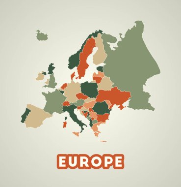 Europe poster in retro style Map of the continent with regions in autumn color palette Shape of