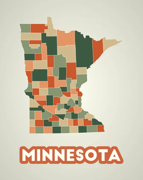 Minnesota poster em estilo retro Mapa do estado dos EUA com regiões na paleta de cores do outono Forma de — Vetor de Stock