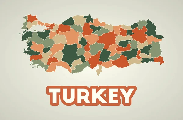Cartaz de Turquia em estilo retro Mapa do país com regiões na paleta de cores do outono Forma de — Vetor de Stock