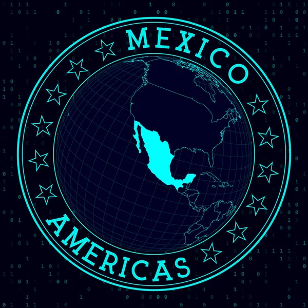 Signo redondo de México Vista satelite futurista del mundo centrado en la insignia del país de México con mapa — Archivo Imágenes Vectoriales