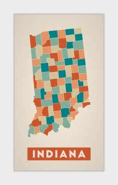 Indiana posteri. Amerika 'nın renkli bölgeleriyle ilgili haritası. Indiana 'nın şekli ve eyalet adımız. Tarz vektör illüstrasyonu.