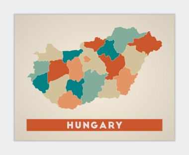 Macaristan posteri. Renkli bölgeleri olan bir ülke haritası. Macaristan 'ın ülke isimli şekli. Etkileyici vektör illüstrasyonu.