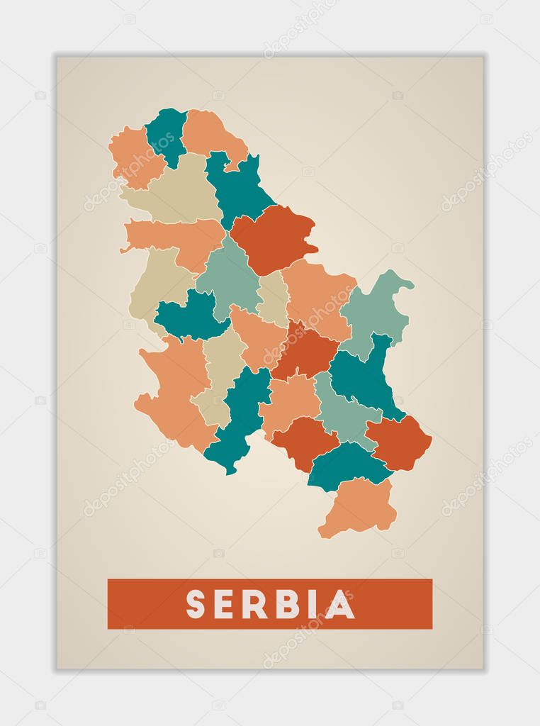 Serbia poster. Map of the country with colorful regions. Shape of Serbia with country name. Radiant vector illustration.