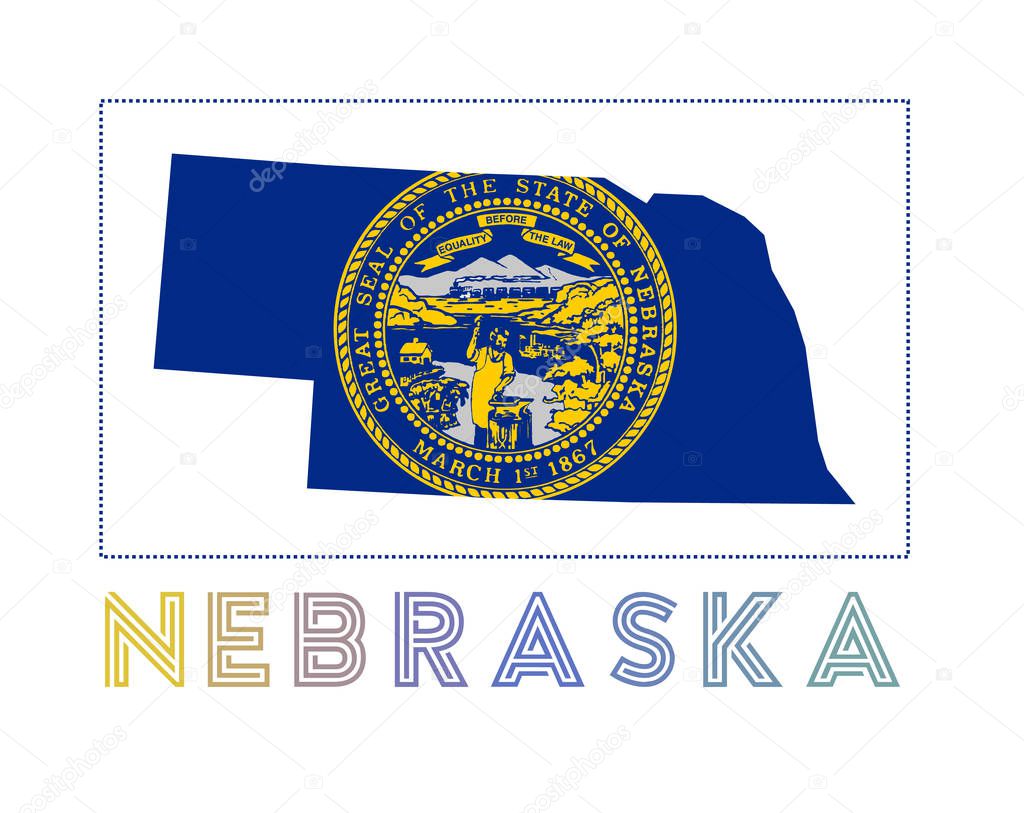 Nebraska Logo. Map of Nebraska with us state name and flag. Superb vector illustration.