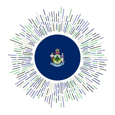 Maine işareti. Renkli vatozlu Amerikan bayrağı. Maine bayrağıyla parlayan güneş patlaması. Vektör illüstrasyonu.