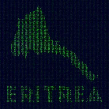 Dijital Eritre logosu. Hacker tarzında bir ülke sembolü. Eritre 'nin ülke isimli ikili kod haritası. Etkileyici vektör illüstrasyonu.