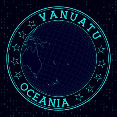 Vanuatu yuvarlak işareti. Vanuatu 'nun merkezindeki dünyanın gelecekteki uydu görüntüsü. Haritalı ülke rozeti, yuvarlak metin ve ikili arkaplan. Güçlü vektör illüstrasyonu.