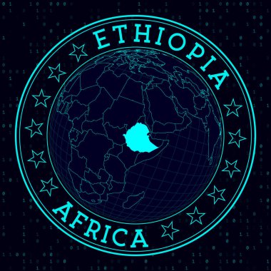 Etiyopya yuvarlak işareti. Etiyopya 'nın merkezindeki dünyaya dair fütürist uydu görüşü. Haritalı ülke rozeti, yuvarlak metin ve ikili arkaplan. Müthiş vektör illüstrasyonu.
