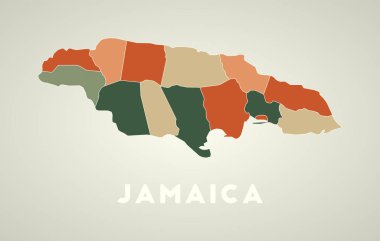 Jamaika posteri eski moda. Sonbahar renk paletinde bölgeleri olan ülke haritası. Jamaika 'nın taşra isimli şekli. Tarz vektör illüstrasyonu.