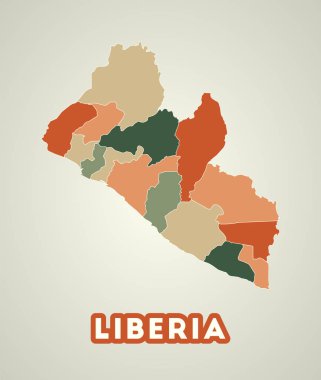 Liberya posteri eski moda. Sonbahar renk paletinde bölgeleri olan ülke haritası. Liberya 'nın ülke adıyla şekillendirilmiş hali. Müthiş vektör illüstrasyonu.