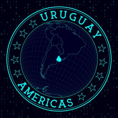 Uruguay yuvarlak işareti. Uruguay 'ın merkezindeki dünyaya dair fütürist uydu görüşü. Haritalı ülke rozeti, yuvarlak metin ve ikili arkaplan. Cool vektör illüstrasyonu.