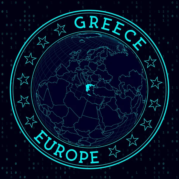 ギリシャラウンドサイン ギリシャを中心とした世界の未来的な衛星ビュー 丸いテキスト バイナリの背景を持つカントリーバッジ スーパーベクトルイラスト — ストックベクタ