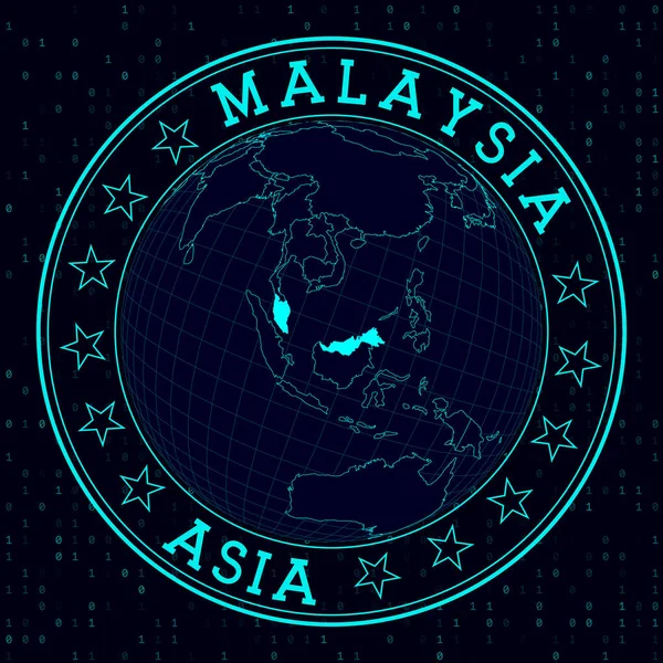 マレーシアラウンドサイン マレーシアを中心とした世界の未来的な衛星ビュー 丸いテキスト バイナリの背景を持つカントリーバッジ 振動ベクトルイラスト — ストックベクタ