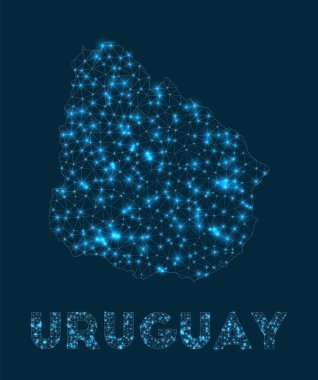 Uruguay ağ haritası. Ülkenin soyut geometrik haritası. İnternet bağlantıları ve telekomünikasyon tasarımı. Parlak vektör illüstrasyonu.