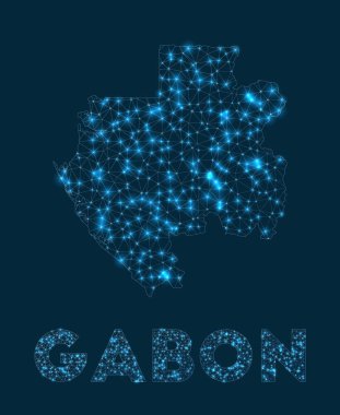 Gabon ağ haritası. Ülkenin soyut geometrik haritası. İnternet bağlantıları ve telekomünikasyon tasarımı. Parlak vektör illüstrasyonu.