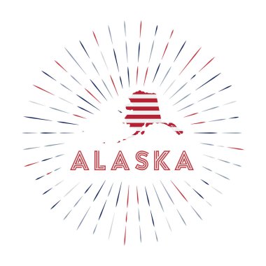 Alaska güneş patlaması rozeti. Alaska haritalı Amerikan bayrağıyla birlikte Amerika Birleşik Devletleri işareti. Logonun etrafına renkli ışınlar. Vektör illüstrasyonu.