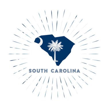 Güney Carolina güneş patlaması rozeti. Güney Carolina haritasıyla birlikte eyalet bayrağı. Logonun etrafına renkli ışınlar. Vektör illüstrasyonu.